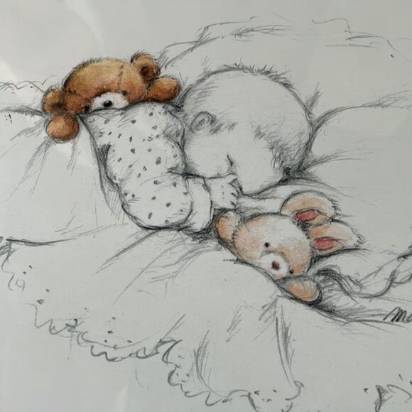 Vintage Maki Signed Framed Print for Nursery with Sleeping Baby and Bears - Picture 2 of 15